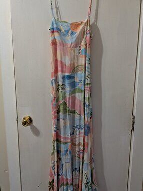 Paper Heart Pastels Tropical Landscape Tie Back Maxi Dress L